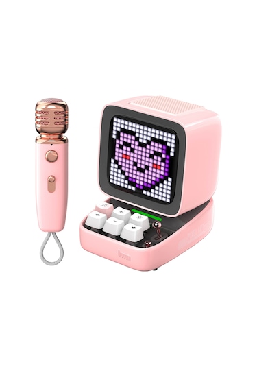 Divoom Ditoo-Mic Pembe Karaoke Mikrofonlu Piksel LED Ekranlı Uygulama Kontrollü Akıllı Bluetooth Hoparlör