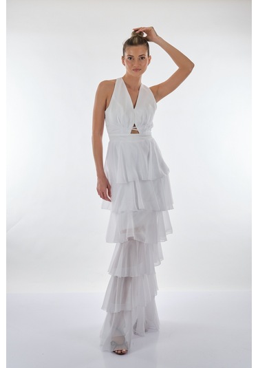 Dori V Yakalı Kat Kat Şifon Abiye Elbise 221kb3039 Beyaz