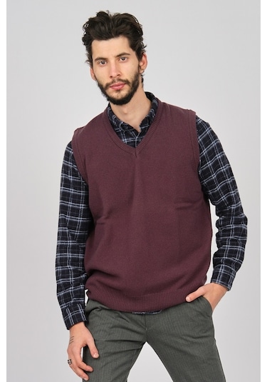 Arslanlı Erkek Lambswool V Yaka Süveter 0767991 Mürdüm-Mürdüm