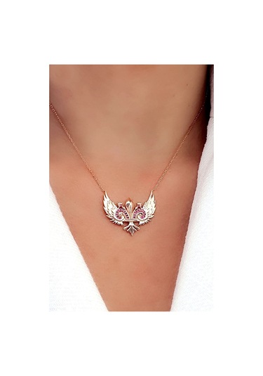Pembe Zirkon Taşlı 925Ayar Gümüş Rose Melek Kanadı Kolye