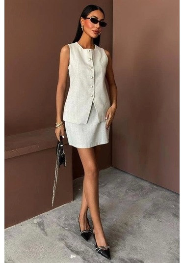 Uzun Yelek Mini Etek Flamlı Keten Takım 10148 Açik Gri