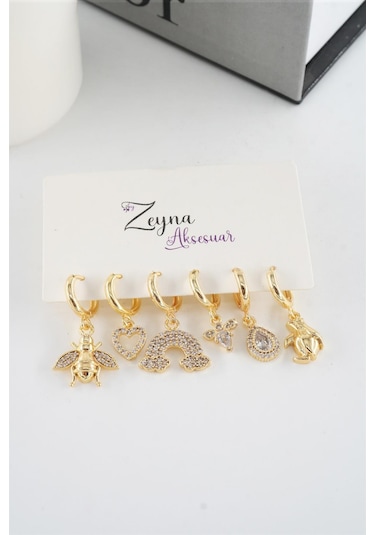 Kadın Vip Seri Zirkon Taşlı Karışık Figürlü 6'lı Küpe Seti Çok Renkli