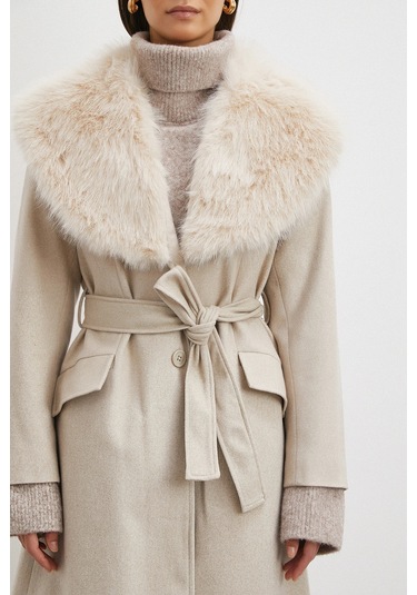 Kürk Yaka Kuşaklı Kaşe Kaban Bej Bej