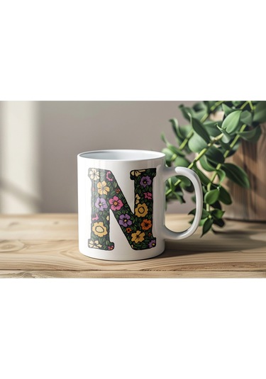 N Baş Harf Çiçek Desenleri İle Natural Tarz Kupa Bardak - Kişiye Özel Çiçekli Kahve Çay Bardak - Beyaz