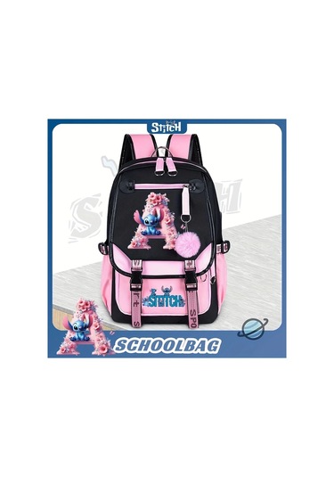 Honeybeeshop Z Dısney Stitch Büyük Kapasiteli Sırt Çantası Pembe Siyah Iki Tonlu Ayarlanabilir Askılıklar Dayanıklı Polyester Okul Seyahat Günlük Kullanım Z