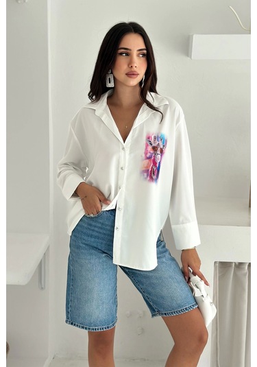 Zürafa Desen Baskılı Taşlı Gömlek Beyaz