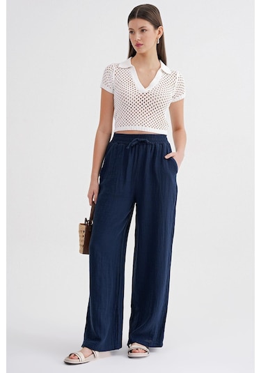 4286 Kadın Bol Paça Beli Lastikli Müslin Palazzo Pantolon Lacivert Lacivert