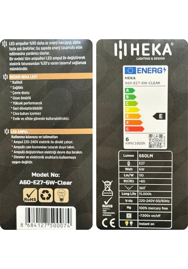 10 Adet Heka 6w 51w 6500k Beyaz Işık E27 Duylu Kalın Duy Led Şeffaf Ampul