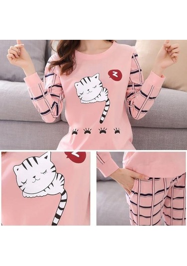Kadın Pijama Setleri Sonbahar Kış Uzun Kollu Ince Karikatür Baskı Sevimli Gevşek Pijama Takım Elbise Pembe