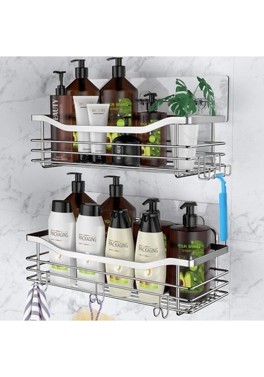 Besthome1 Stanyum Çelik Duş Rafı, 5 Kanca, Su Geçirmez Paslanmaz, Banyo/mutfak Düzenleyici 2 Adet Gümüş Gümüş