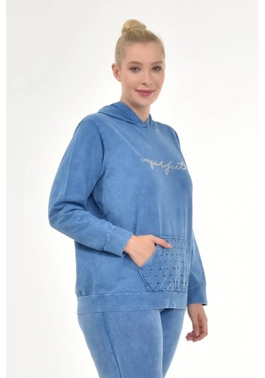 Kadın Büyük Beden İtalyan Yıkama Mavi Kapşonlu Sweatshirt Mavi