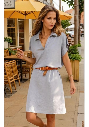 Kadın Bol Kesim Polo Yaka Kısa Kollu Günlük Kısa Midi Elbise Dizüstü 2883220 Taba