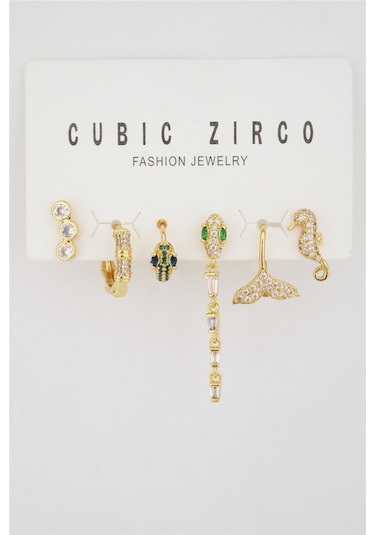 Kadın Kararmaz Altın Kaplama Yılan Detaylı 6'Lı Zirkon Set Küpe Altın-M