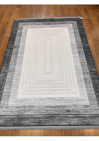 Modern Çerçeveli Siyah Beyaz Makina Halısı 160x230 Krem Gri