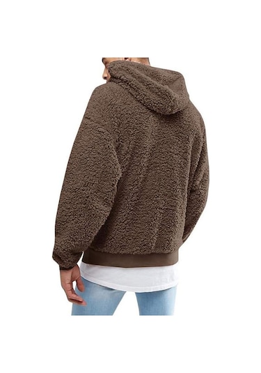 Erkekler Kalın Polar Peluş Sıcak Hoodie Kazak Kış Peluş Kürk Kapşonlu Tişörtü Kahve Kahverengi