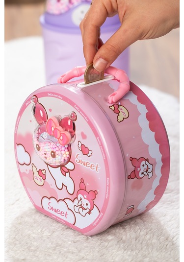 Porsima 040 Metal Şifreli Kilitli Yuvarlak Kumbara Pembe 15x15cm