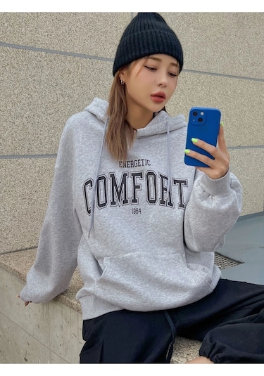 Altamira Unisex Gri Comfort Baskılı Oversize Kapşonlu Sweatshirt 001