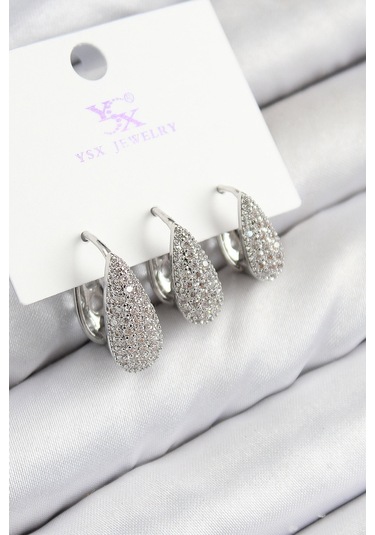 Pirinç Zirkon Taşlı 3'lü Damla Model Gümüş Renk Kadın Küpe Çok Renkli