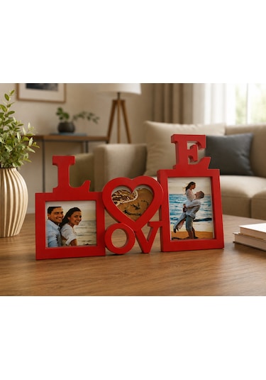 Love Ahşap Fotoğraf Çerçevesi 3 Fotoğraflı Dekoratif Masaüstü Çerçeve Kişiye Özel Hediye Beyaz