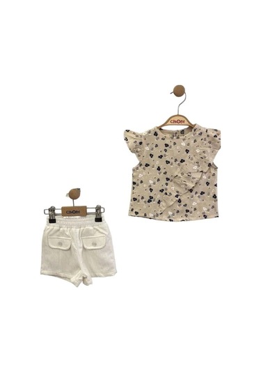 Kız Bebek Bluzu Fırfırlı Çiçek Desenli Şort Takım-13867 Bej
