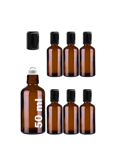 Çelik Roll On Şişesi 50 ML Sızdırmaz Siyah Kapaklı Amber Cam Şişe 6 Adet