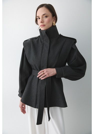 Antrasit Apoletli Vatkalı Kaşe Kaban - 1005 Antrasit