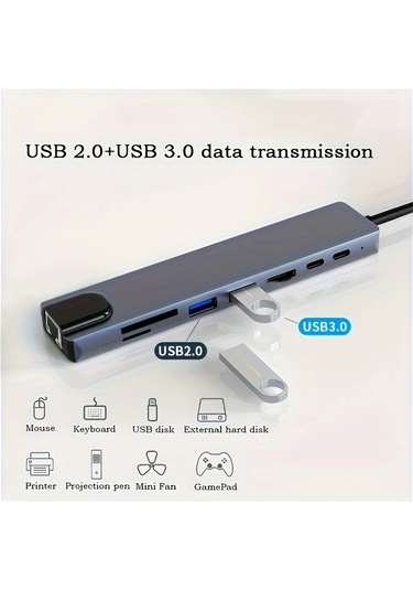 Boatshop1 8'li 1 Arada Hub Usb C Hub 87w Güç Dağıtımı Ethernet Usb 30 Sd Tf Kart Okuyucu 4k Ultra Hd Fare Klavye Yazıcı Bağlantı