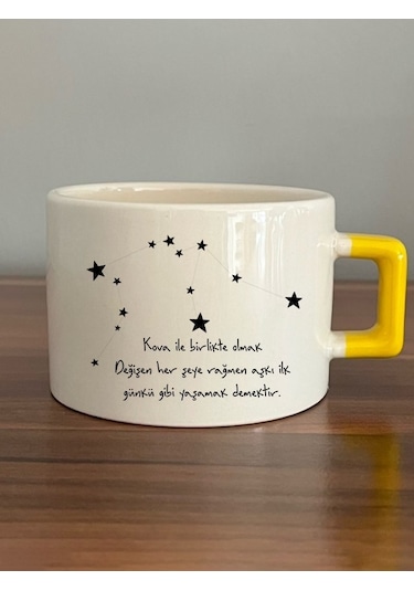 Kova Burcu Ve Onla Alakalı Komik Açıklama Baskılı Sarı Kulplu Yeşil Kedili C Kupa