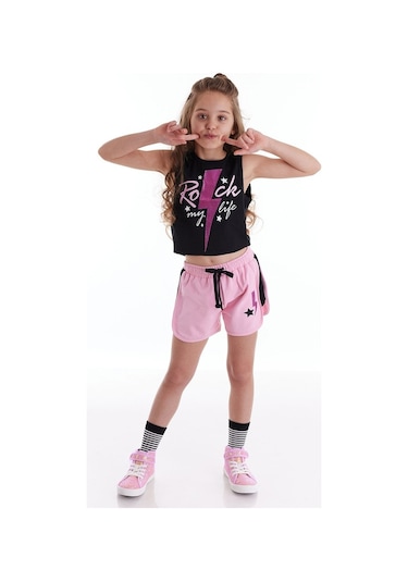 Denokids Mushi Rock Life Kız Çocuk Şort Takım Çok Renkli