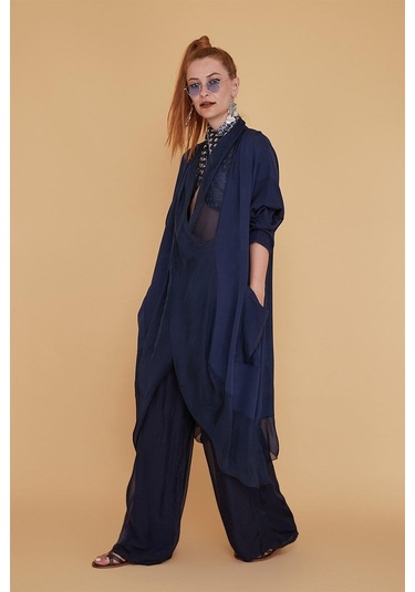 Italyan Ipek Detaylı Oversize Kaftan & Bluz-8711 Lacivert