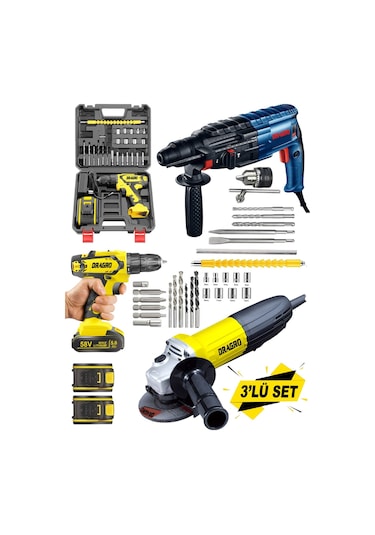 Dragro DRG-3lü58 Sarı 3 Lü Set 3000 W Taşlama-4200 W Kırıcı Delici Hilti-58 V Setli Şarjlı Matkap Sarı