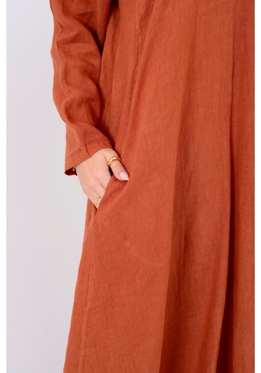 İtalyan V Yaka Uzun Kol Keten Elbise-8907 Tarçın