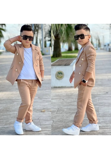 Modavals 4 Parça 6 Düğmeli Ceketli Erkek Çocuk Takım Elbise - Beyaz Tshırt Taba
