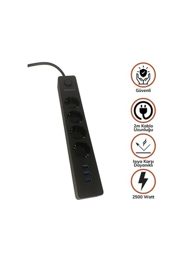 Termak Akım Korumalı 4 Priz 3 Usb Girişli Uzatma Kablosu Güç Ve Şarj Siyah Renk Gönderilir 5365 Diğer