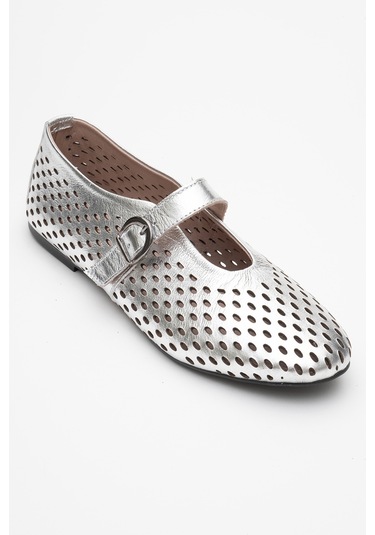 Arian Gümüş Hakiki Deri Delikli Kadın Babet Ayakkabı Gümüş