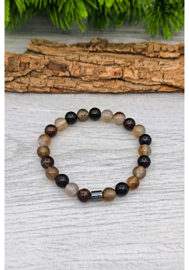 Erkek Doğal Taş Tesbih Ve Bileklik Set Kahverengi Akik 8 Mm Bt055 Kahverengi - Beyaz