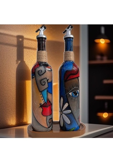 Modern Tasarımlı Soyut Yüz Desenli Renkli 750 Ml Zeytinyağı Sıvıy