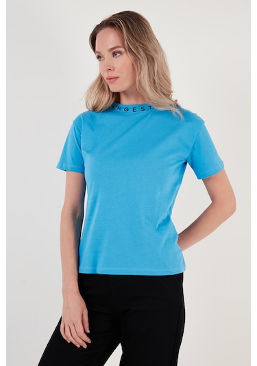 Lela Yakası Baskılı Bisiklet Yaka Basic Örme Bayan T Shirt 5864054 Bebe Mavi