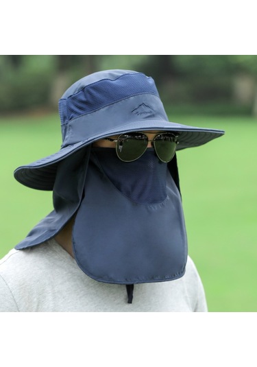 Çıkarılabilir Boyun Koruyucu Ve Yüz Siperli Geniş Kenarlı Güneşlikli Şapka Mavi