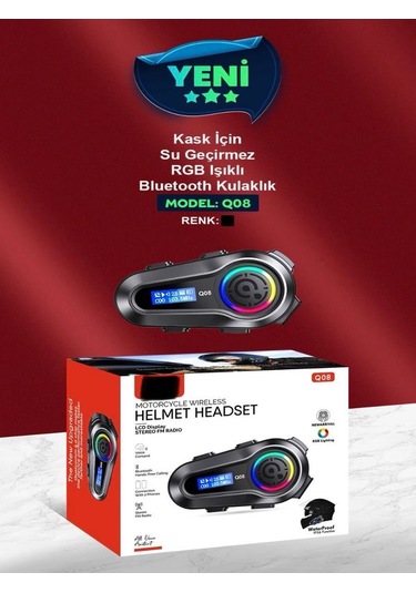 Q008 Lcd Fm Radio Eq Ses Ipx6 Su Geçirmez Rgb Işıklı Bluetooth Motosiklet Kask Kulaklığı