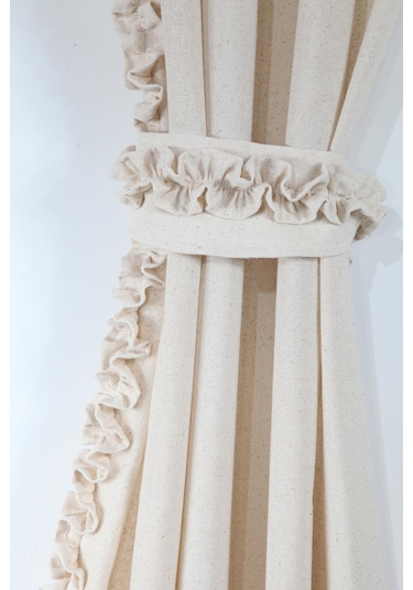 Naturel Perde Bohem Çift Kanat Büzgü Bantlı Krem