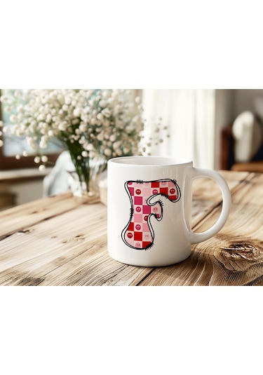 F Harfi Pembe Kareli Kalpli Göz Emojili Kupa Bardak Eğlenceli Kareli Tasarım Kahve Çay Kupası 07 Beyaz