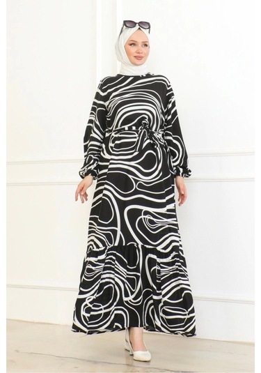Çizgi Desenli Viskon Elbise - Siyah Siyah
