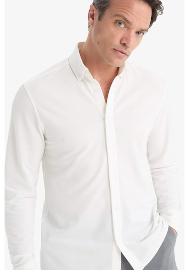 Defacto Regular Fit Polo Yaka Penye Uzun Kollu Gömlek E8067ax25auer105 Ekru