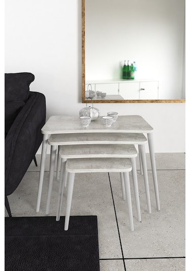 Selen 4lü Zigon Sehpa Ahşap Beyaz Ayaklı Salon Seti Çay Sehpası Kristal