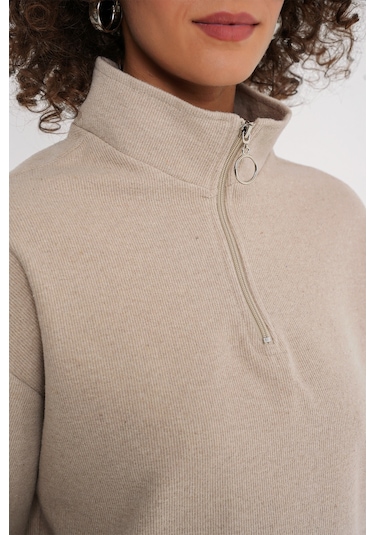 Bigdart 55449 Fermuarlı Yaka Örme Sweatshirt - Krem