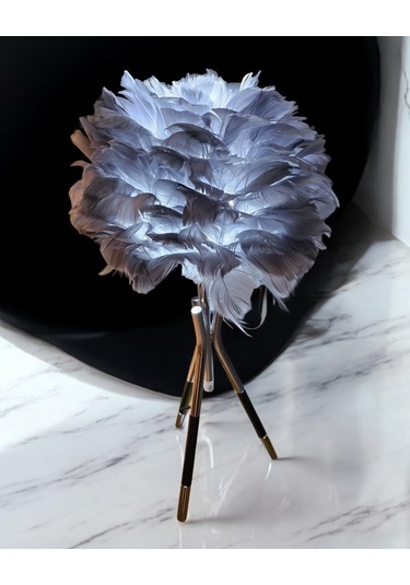 Tüylü Dekoratif Tripotlu 3'lü Ayaklı Abajur - Gri Gri