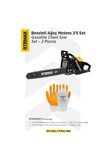 Rtrmax RTM960SET Benzinli Ağaç Kesme Motoru + Eldiven 2'li Set