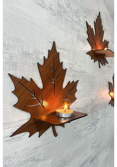 Dekoratif Ceviz Yaprak Desen Duvar Rafı 3 Lü Set 25 Cm Duvar Mumluğu - Mumluk Raf - Ahşap Desen Siyah