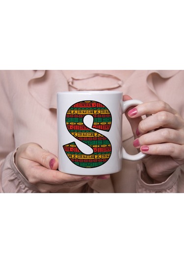 S Harfi Etnik Desenli Kupa - Afrika Tarzı Kahve Çay Kupası - Hediyelik - Black History Beyaz